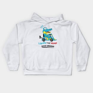 Funny crocodile driving a racing car Kids Hoodie